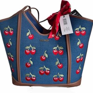SOLD Steve Madden Blue Denim Cherry Embroidered Tote with Red Bow